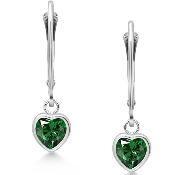 925 Sterling Silver 1.40 Cttw Green Emerald Heart Leverback Drop Earrings - Picture 2 of 4
